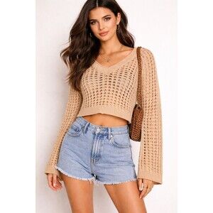 Wild Fable Crochet Open Knit Long Sleeve V-Neck Festival Cropped Taupe Sweater S